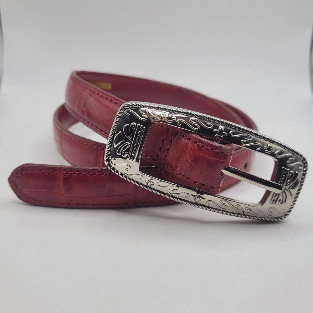 Red Leather Belt Large Croc Embossed Leather Western Cowgirl Rodeo Ranch Boho